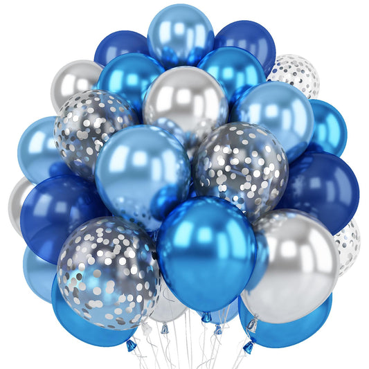 Blue Silver Balloons Set, 12 Inch Dark and Metallic Latex Balloons With Baby Blue Confetti for Birthday, Graduations, Baby Shower