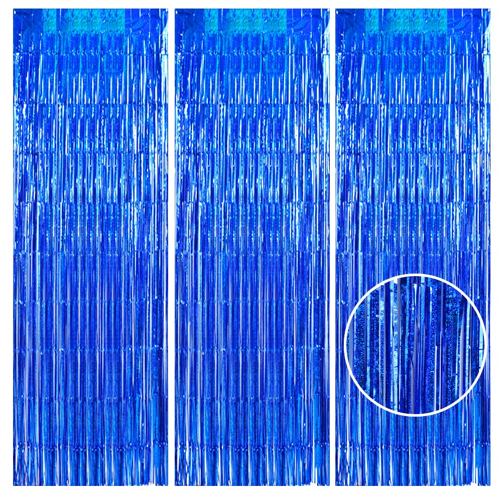 3Pcs Laser Blue Door Streamers, Photo Booth Backdrop Metallic Streamers Foil Fringe Curtains for Birthday, Christmas, New Year, Bachelorette, Grad Party Decor (9.9ft x 6.6ft)