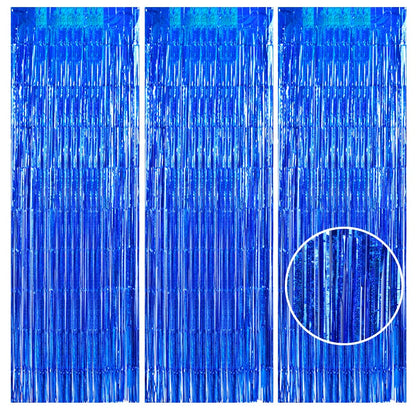 3Pcs Laser Blue Door Streamers, Photo Booth Backdrop Metallic Streamers Foil Fringe Curtains for Birthday, Christmas, New Year, Bachelorette, Grad Party Decor (9.9ft x 6.6ft)
