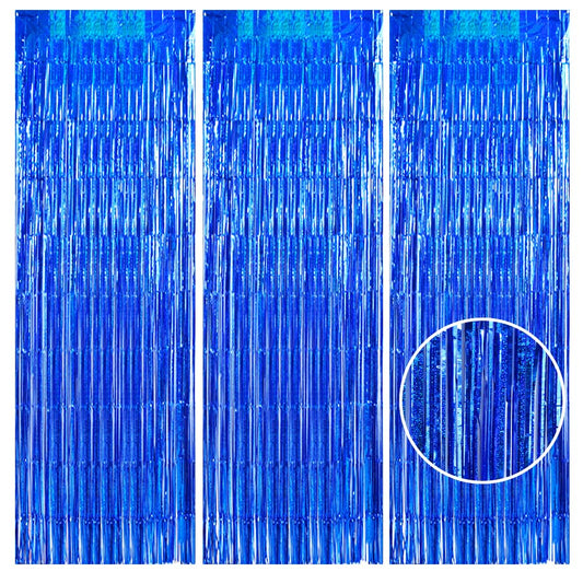 3Pcs Laser Blue Door Streamers, Photo Booth Backdrop Metallic Streamers Foil Fringe Curtains for Birthday, Christmas, New Year, Bachelorette, Grad Party Decor (9.9ft x 6.6ft)