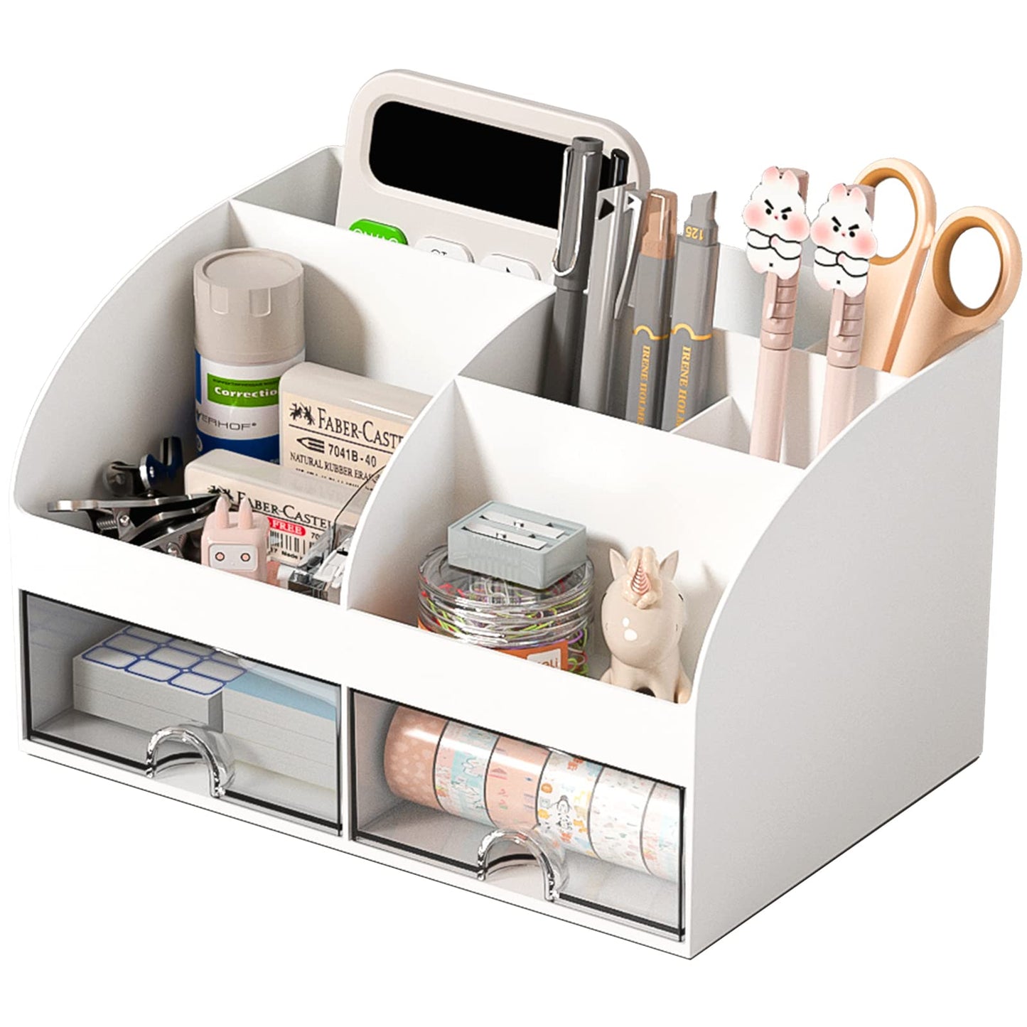 Desk Organizer with 6 Compartments and 2 Drawers, Plastic Makeup Organizer, Pen Holder for Desktop Storage, Desk Organization for School, Home, Office Supplies (White)