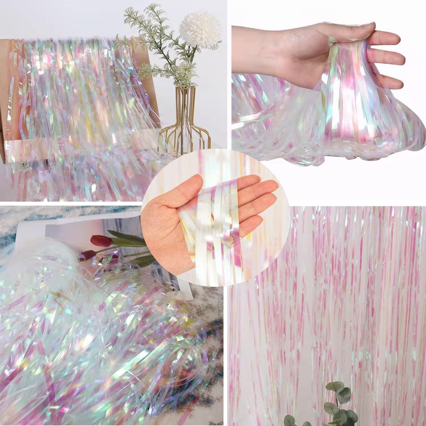 Party Decorations Iridescent Foil Fringe Backdrops - 2 Pack 3.2 x 6.5 ft Holographic Tinsel Photo Booths Pros Streamer Curtains for Easter Girl Birthdays Engagement Unicorn Parties - Clear