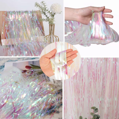 Party Decorations Iridescent Foil Fringe Backdrops - 2 Pack 3.2 x 6.5 ft Holographic Tinsel Photo Booths Pros Streamer Curtains for Easter Girl Birthdays Engagement Unicorn Parties - Clear