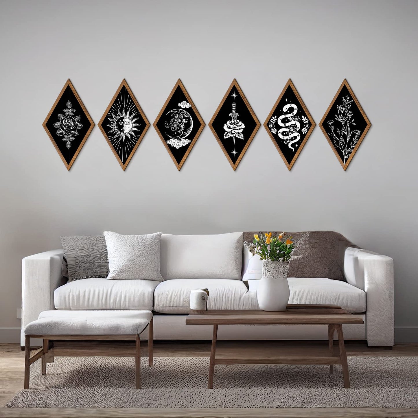 6 Pieces Wall Decor Boho Wall Art Sun Moon Phases Wall Art Gothic Minimalist Stars Sun Wall Hanging Boho Wooden Home Decor Farmhouse Wall Pediments for Gallery Living Bedroom Room