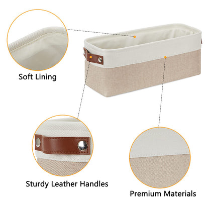 2-Pack Bathroom Baskets for Toilet, Small Storage Bins for Organizing Closets, Cabinets, Shelves, Canvas Fabric Storage Basket Bins With Leather Handles for Empty Gift Basket (White&Khaki)