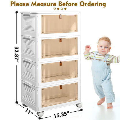 4 Tier Plastic Storage Bins and Boxes Organizer - Stackable with Lids for Bedroom, Living Room, Kitchen, Office - Foldable Containers