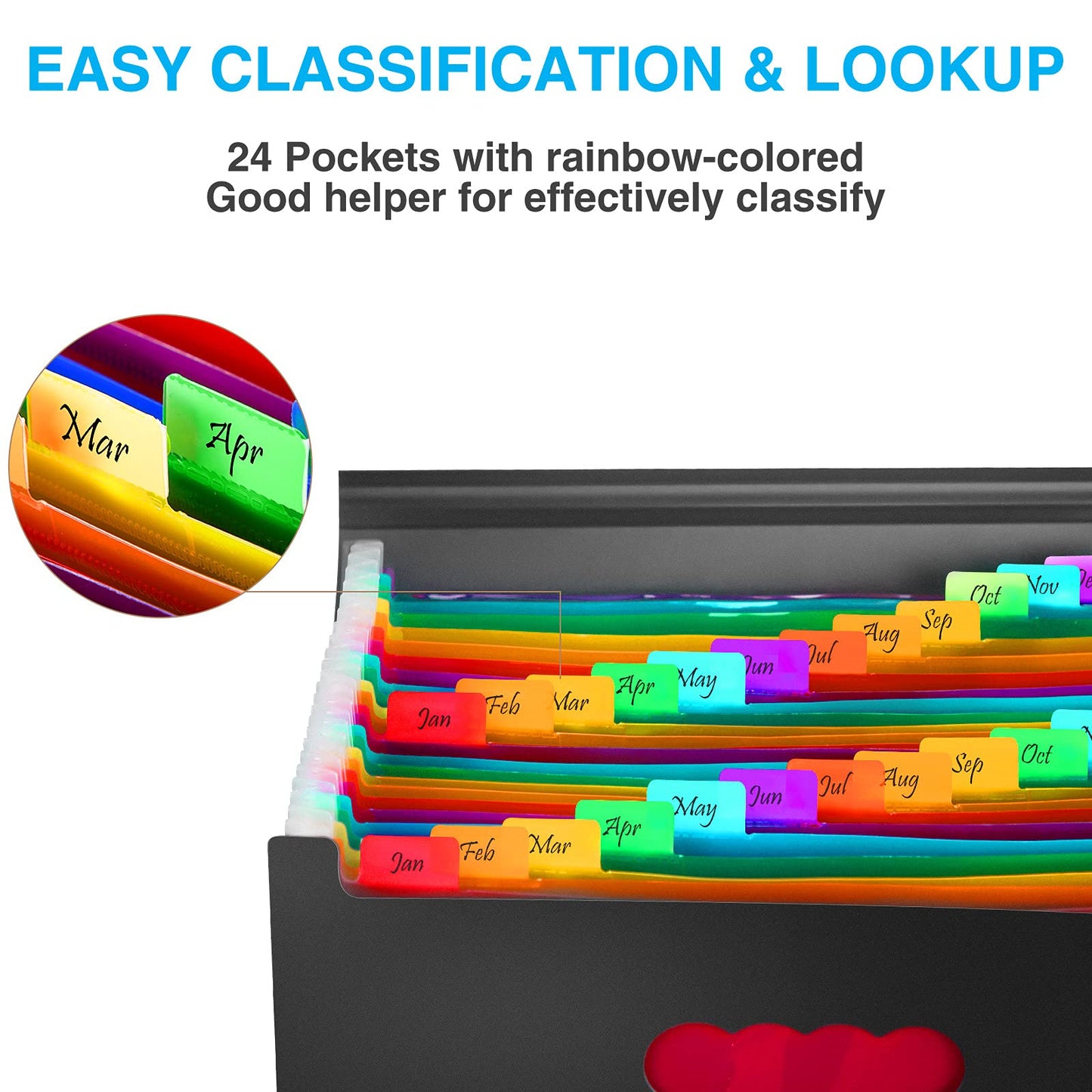 24 Pockets Expanding File Folder with Blank Labels, According File Organizer with Expandable Cover, Desktop Accordion Folders Letter A4 Paper Document Storage Organizer, Black