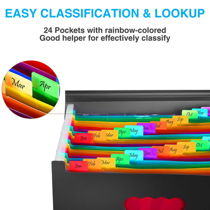 24 Pockets Expanding File Folder with Blank Labels, According File Organizer with Expandable Cover, Desktop Accordion Folders Letter A4 Paper Document Storage Organizer, Black