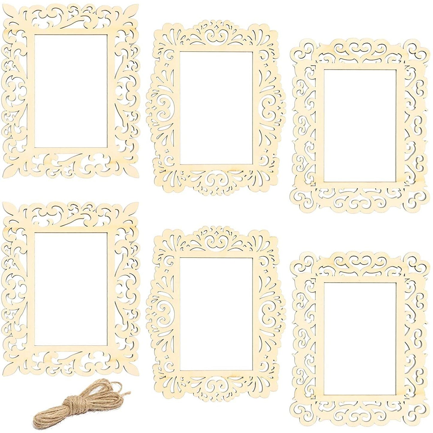 Unfinished Wooden Picture Frames for Crafts with Cutouts and String - Pack of 6