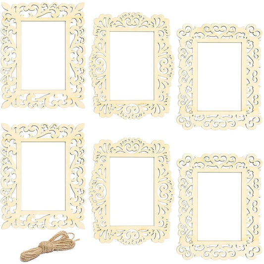 Unfinished Wooden Picture Frames for Crafts with Cutouts and String - Pack of 6