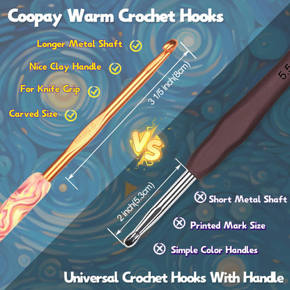 Warm Crochet Hooks Comfort Grip, Pretty Starry Night Art Handle Crochet Set for Beginners, Longer Aluminum Shaft Crochet Hook Set 2.0mm-6.0mm, Smooth Crochet Needles Set for Crochet Yarn