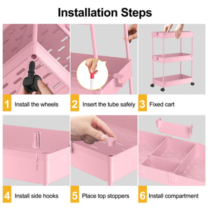 3 Tier Rolling Cart with Wheels, Storage Craft Art Trolley Organizer Serving, 3 Hanging Baskets Easy Assembly, for Office, Living Room, Kitchen, Pink