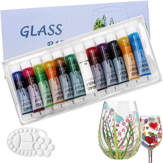Glass Paint Stained Transparent Glass Window Paint Acrylic Paint Set Great for Glass painting, Wine Glasses, Light Bulbs, Ceramic (12 Colors x 12ml with Palette)