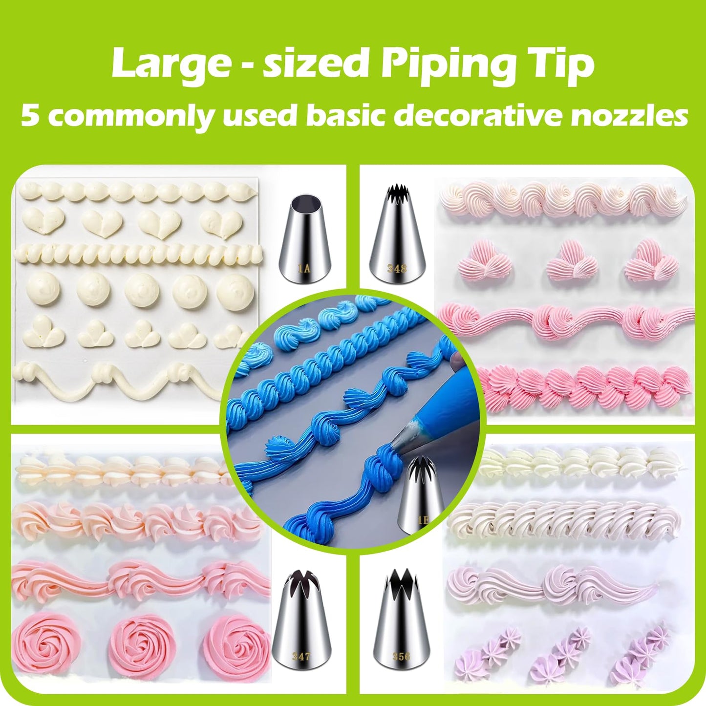 Large Piping Tips Set, Stainless Steel Frosting Piping Kit, 5 Pieces Pastry Cake Decorating Tips Baking Tools for Cookies Cupcake Decorating Kit (1A 1E 348 347 356)