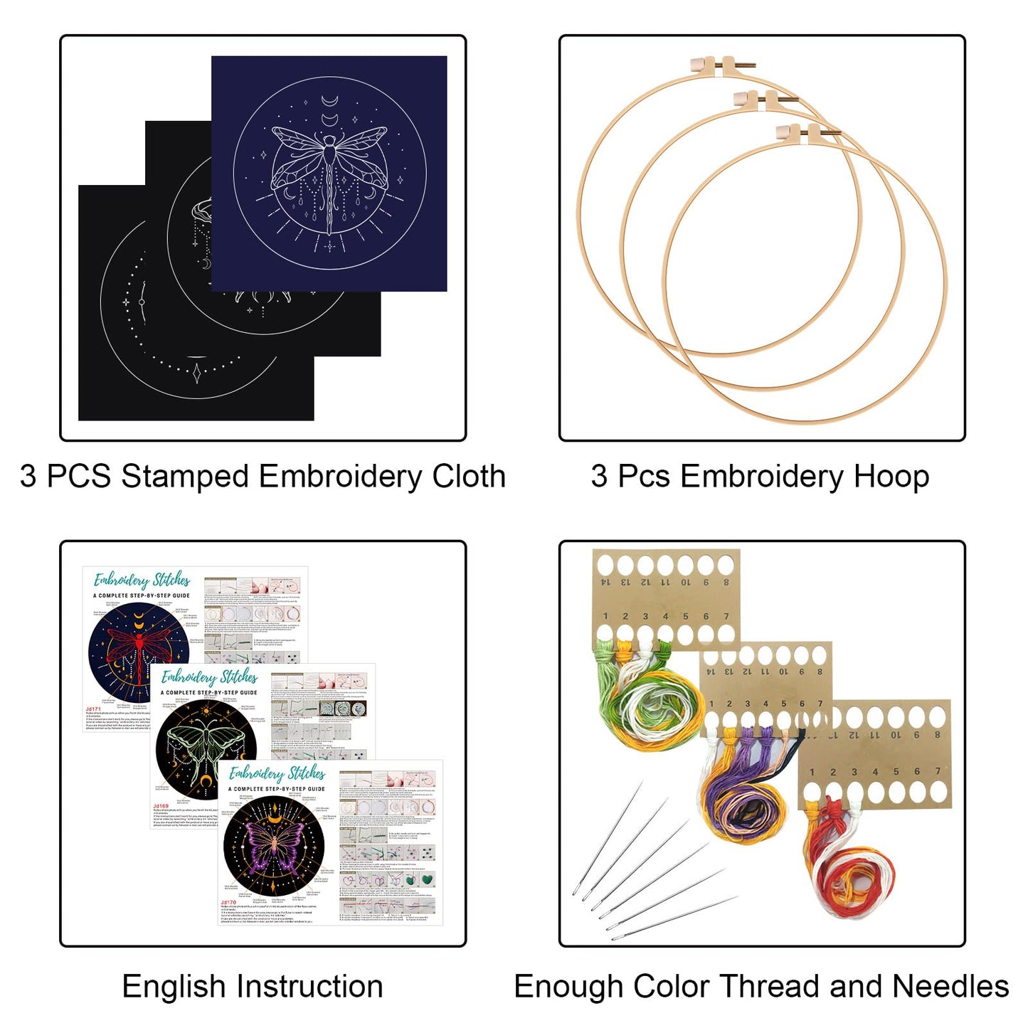 3 Set Tarot Embroidery Kits for Beginners with Moon Butterfly Dragonfly and Moth Pattern,Adults Starter Cross Stitch Kit DIY Needlepoint