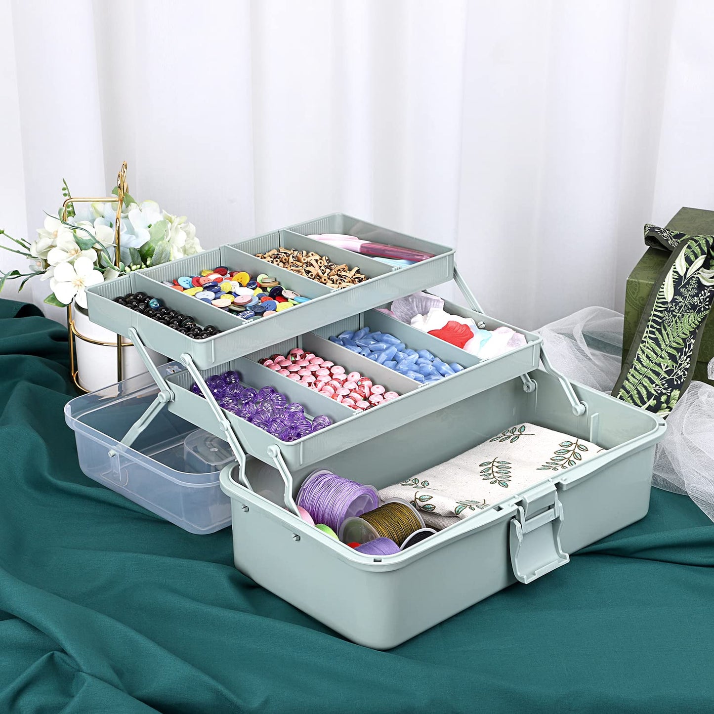 3-Layer Plastic Dividing Storage Box Craft Organizer and Storage with Adjustable Spacers Portable Handled Art Supply Organizer Multipurpose Home Utility Box for Medicine Box Sewing Box Organizer (Haze Green)