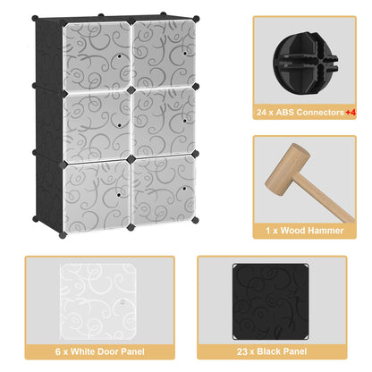 Cube Storage Organizer with Doors, Plastic 6-Cube Storage with Doors for Livingroom, Bedroom and Office (Black)