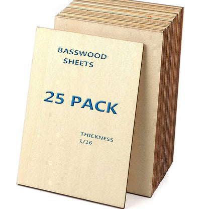 Unfinished Basswood Sheets, 25 Pcs - 1/16" Thick, Perfect for DIY Projects, Painting, Drawing, Laser, Wood Engraving, Wood Burning & CNC Cutting (150x100x1.5mm)