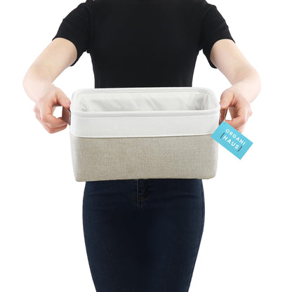 Small Fabric Storage Baskets for Shelves 3 Pack, 12x8in Closet Storage Bins for Shelves, Cloth Baskets for Organizing, Linen Closet Organizers, Fabric Basket, Beige/White