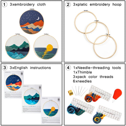 Embroidery Kits for Beginners Adults, Stamped Cross Stitch kits for Adult Beginners Embroidery Starter Kit with Pattern, 3 Embroidery Hoop and Fabric, Needles Threads (Attached Teaching Video QR Code)