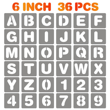 6 Inch Letter and Number Stencils, 36 Pcs Reusable Plastic Alphabet Spray Paint Stencils for Painting on Wood, Wall, Fabric, Rock, Chalkboard, Door Porch, Signage, DIY Craft Decoration