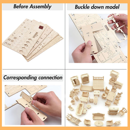 DIY Wooden Dollhouse Furniture Set, 3D Puzzle Miniature Room Accessories, Natural Wood