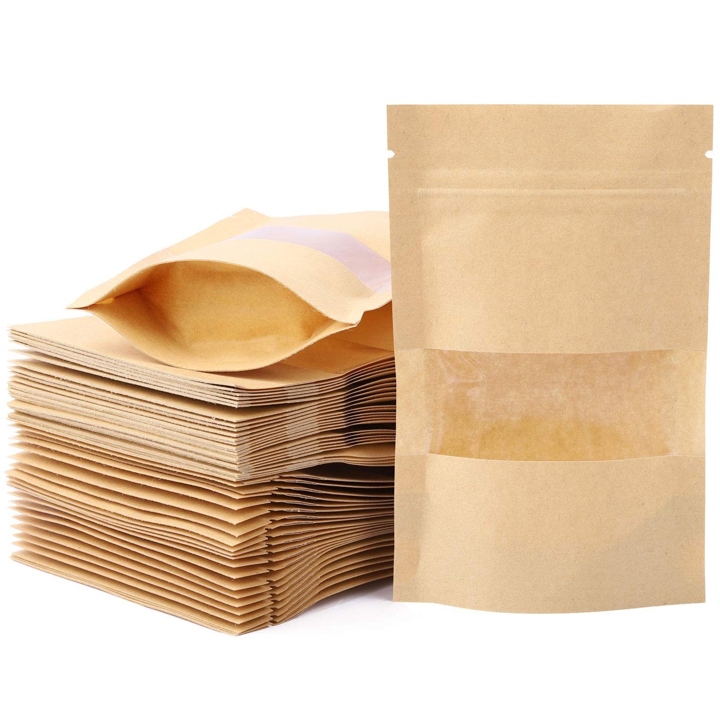 100pcs 3.5 x 5.5 inch Kraft Paper Treat Bags with Window Ziplock Stand Up Pouches for Food Storage Cookies Snacks Tea Packing