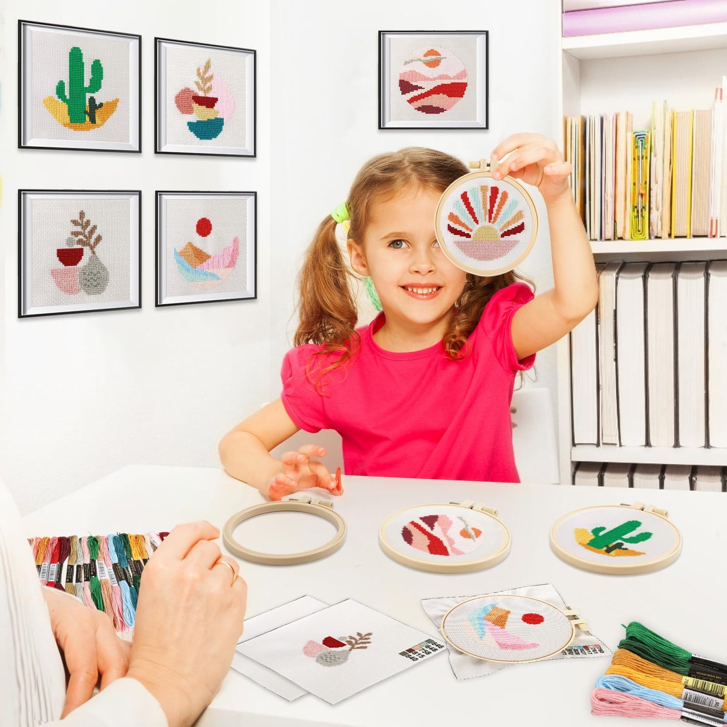 6PCS Cross Stitch Kits for Beginners DIY Embroidery Kit for Kids Adults Boho Cross Stitch Kits Christmas Birthday Gift Abstract Landscape Needlepoint Patterns with 2 Embroidery Hoops Craft Supplies