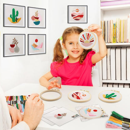 6PCS Cross Stitch Kits for Beginners DIY Embroidery Kit for Kids Adults Boho Cross Stitch Kits Christmas Birthday Gift Abstract Landscape Needlepoint Patterns with 2 Embroidery Hoops Craft Supplies