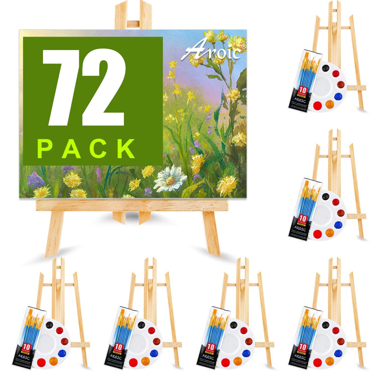 72 PCS Professional Painting Set with Easels, 6 PCS Wood Easels,6 Packs of 60 Brushes with Nylon Brush Head and 6 pcs Palettes, Painting Supplies kit for Kids & Adults to Painting Party.