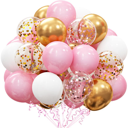 62Pcs Pink Gold Confetti Latex Balloons Kit, 12 Inch Pink White Gold Helium Balloons Party Supplies for Confession Proposal Wedding Girl Birthday Baby Shower Party Decoration