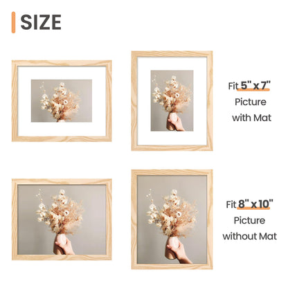 8x10 Picture Frame Set of 5, Display Pictures 5x7 with Mat or 8 x 10 Without, Wall Gallery Photo Frames, Natural