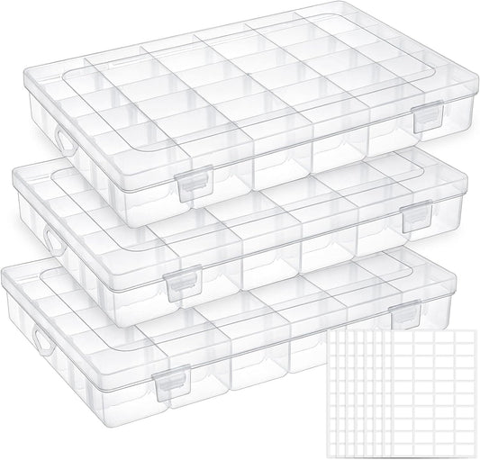 3 Pack 36 Grids Clear Plastic Bead Organizer Box, Tackle Box Organizer Craft Storage Containers with Adjustable Dividers for Thread Fishing Tackle Jewelry Earrings with 400pcs Label Stickers