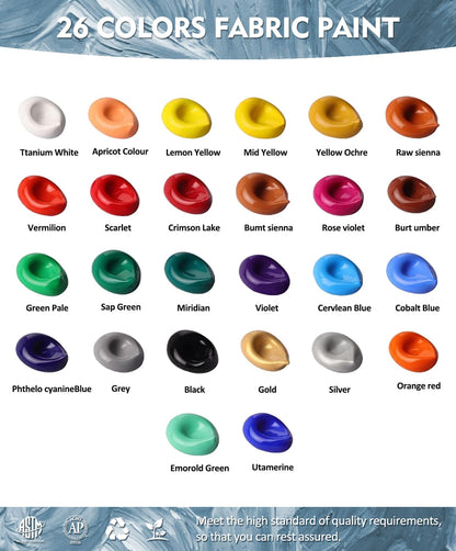 Permanent Fabric Paint, 26 Colors Soft Fabric Paint in Bottles (30ml/1oz) with Brushes, Palette,Non-Toxic Textile Paint for Creative DIY Clothes, T-Shirts, Shoes Art and Crafts