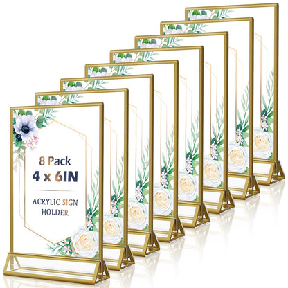 4x6 Acrylic Sign Holders 8 Pack Gold Table Number Holder for Wedding Picture Frame Double Sided Table Menu Stands with Vertical Stand, Photos and Art Display