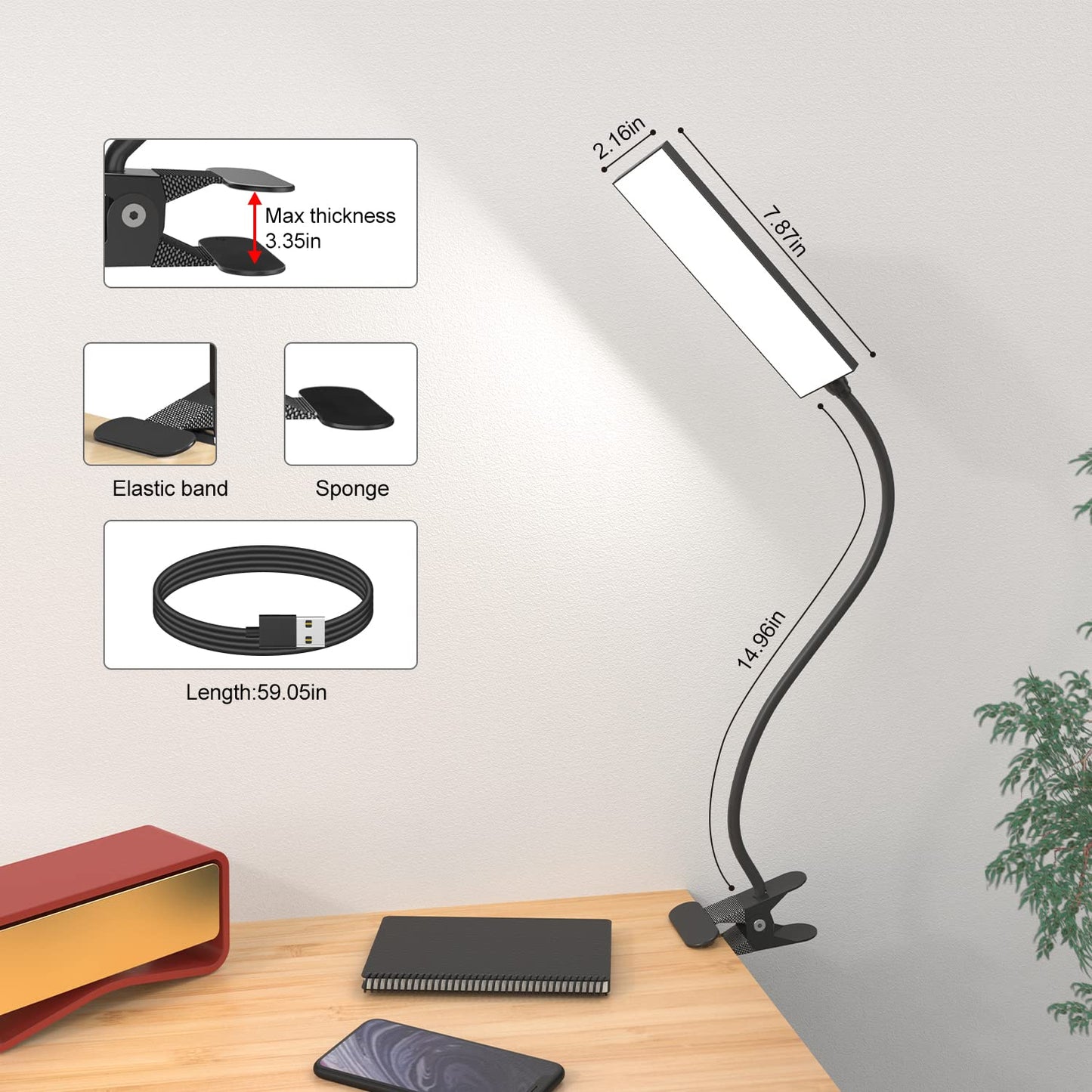 LED Desk Lamp, 5W USB Clip on Light Eye-Caring Reading Clamp Table Lamp with 48 LEDs Flexible Gooseneck, 3 Color Modes and 14 Brightness Levels for Office Bedroom Study (Black)