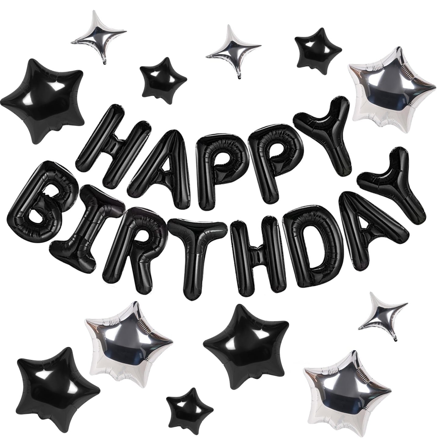 Happy Birthday Banner 13pcs 16 Inch Mylar Foil Letters with 12pcs Star Balloons Birthday Party Decorations for Kids and Adults - 3D Black