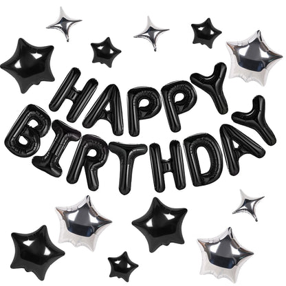 Happy Birthday Banner 13pcs 16 Inch Mylar Foil Letters with 12pcs Star Balloons Birthday Party Decorations for Kids and Adults - 3D Black