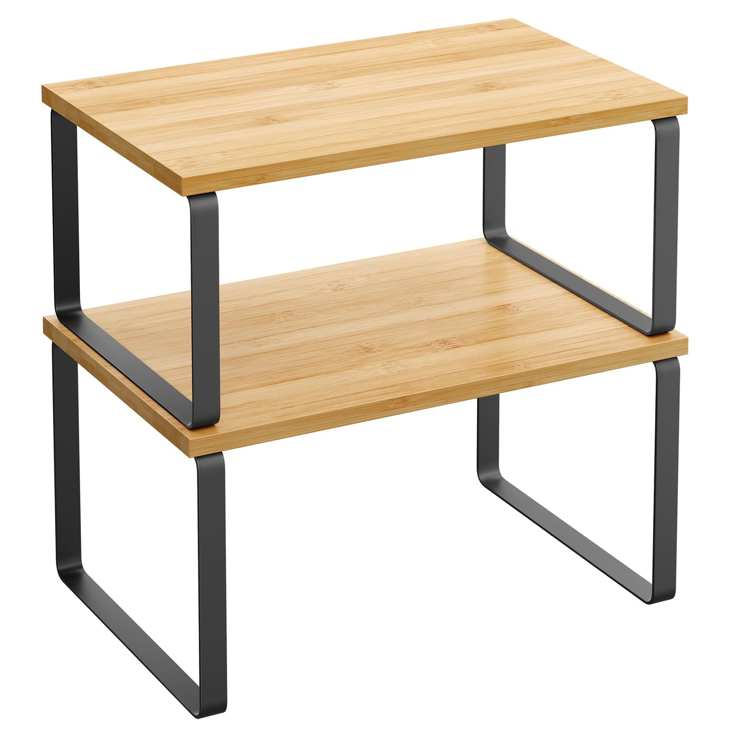 Cabinet Organizer Shelf, Set of 2 Kitchen Counter Shelves, Kitchen Storage, Spice Rack, Stackable, Expandable, Metal and Engineered Wood, Ink Black and Natural Beige UKCS02NB