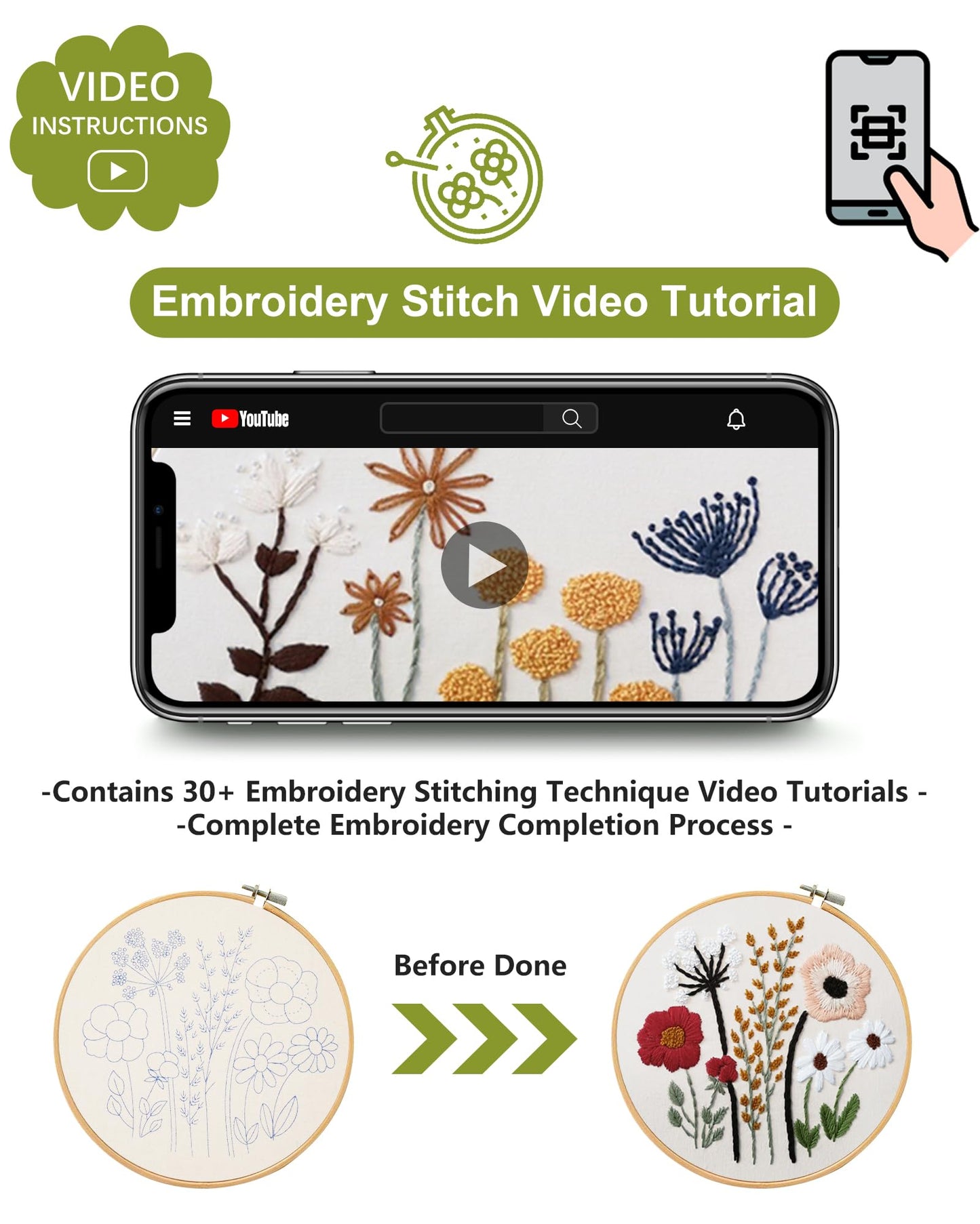 3 Sets Embroidery Kit,Cross Stitch Kits for Beginners,Needlepoint Kits for Adults with Easy Floral Pattern Hand Crafts,Hoop,Needle,Mothers Day Gifts