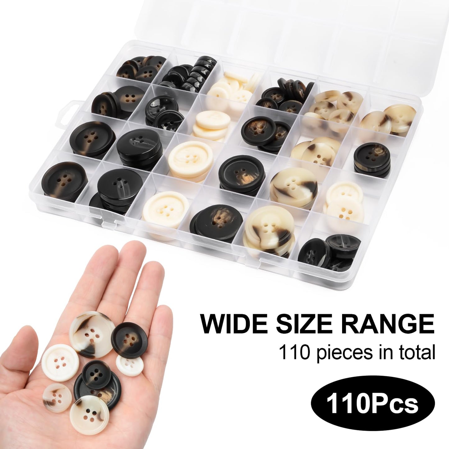 110Pcs Mixed Sewing Buttons, 4-Hole Craft Round Blazer Buttons, 5 Color 3 Size (15mm, 20mm, 25mm) Suit Coats Resin Button, Suitable for Variety Clothing Sewing, DIY Craft (Black & White)