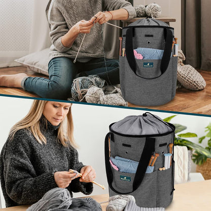 Crochet Bag Knitting Bag Organizer, Yarn Bag Storage Tote for Crocheting On The Go, Knitting Accessories Supplies Holder with Grommets, Gift for Crochet Lovers Knitters (Charcoal Gray)