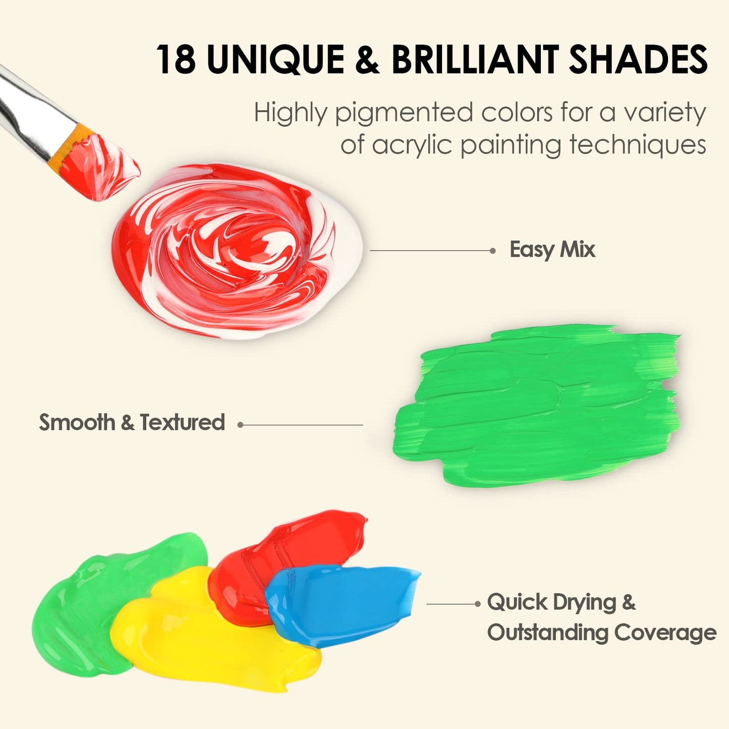 Acrylic Paint Set with 10 Brushes, 18 Colors(59ml, 2 oz) Art Craft Paint Non Toxic, Perfect for Hobby Painters, Artist, Adults, Ideal for Canvas Wood Ceramic Paint Supplies