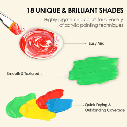 Acrylic Paint Set with 10 Brushes, 18 Colors(59ml, 2 oz) Art Craft Paint Non Toxic, Perfect for Hobby Painters, Artist, Adults, Ideal for Canvas Wood Ceramic Paint Supplies