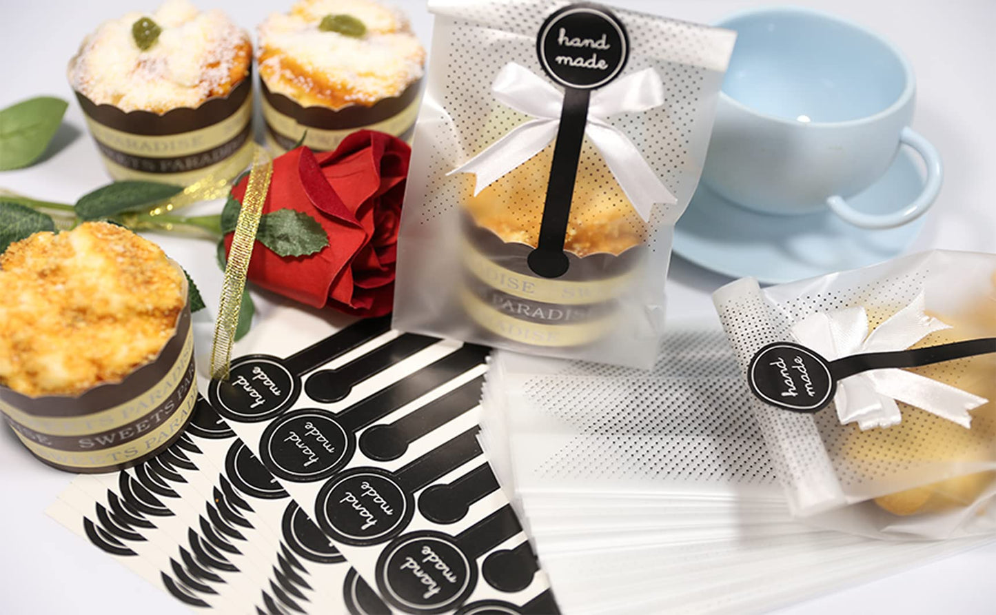 100 pcs./Pack Translucent Plastic Bags for Cookie,Cake,Chocolate,Candy,Snack Wrapping Good for Bakery Party with Stickers