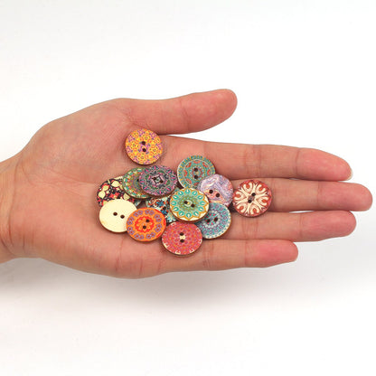 100pcs Mixed Random Flower Painting Round 2 Holes Wood Wooden Buttons for Sewing Crafting 20mm