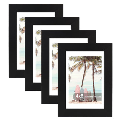 4x6 Picture Frame (4 Pack, Black), Made of Real Glass and Wooden Frame - Display Pictures 3.5x5 with Mat or 4x6 Without Mat, 4 by 6 Photo Frames TableTop Display and Wall Mounting