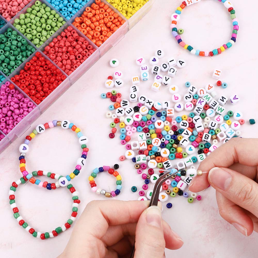 7200pcs Seed Beads for Friendship Bracelet Kit, 4mm Glass Bracelet Kit and 300pcs Letter Beads for Jewelry Making, Necklaces, Craft Gifts