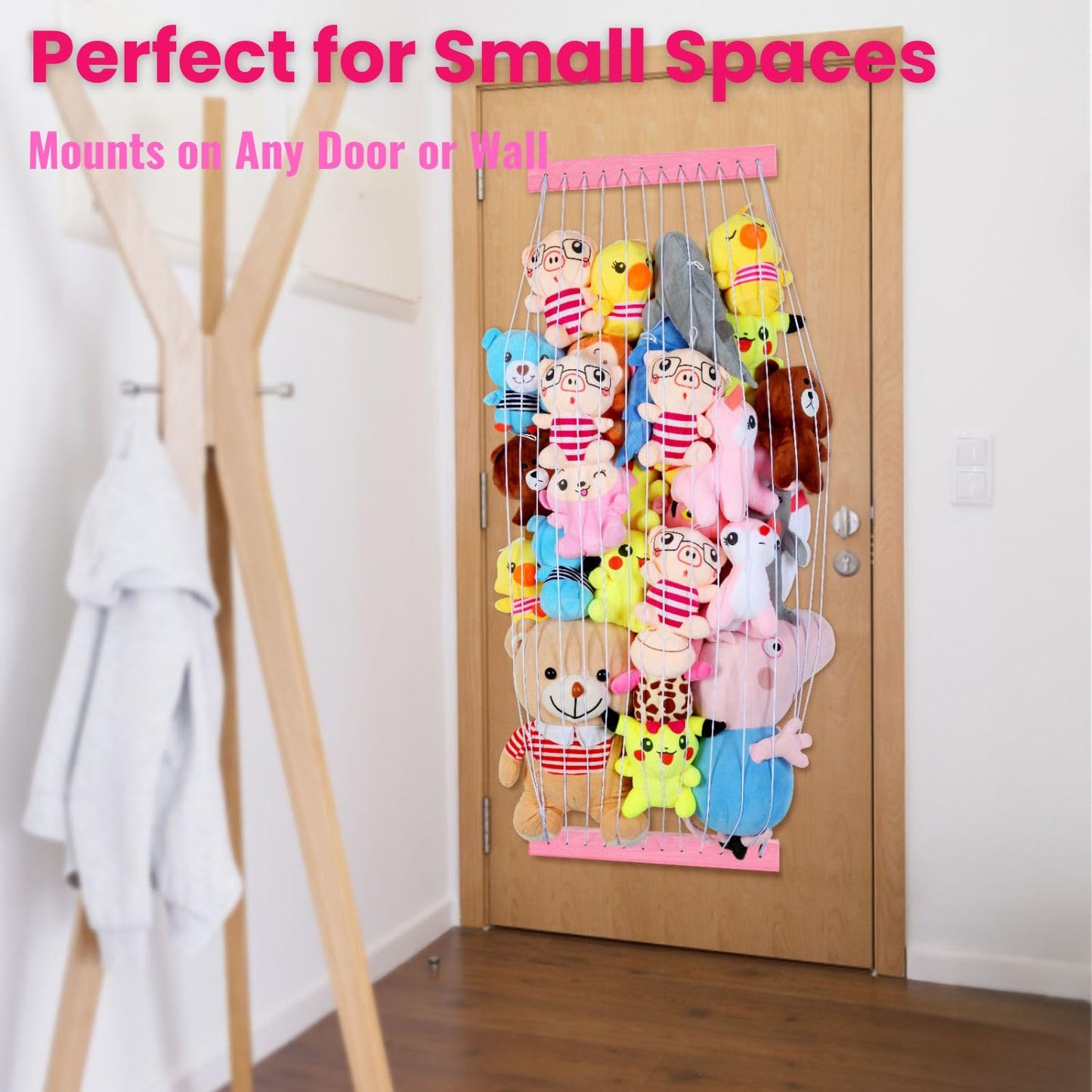 Stuffed Animal Storage Wooden Soft Toy Storage for Kids Room，Wall Mount Door Hanging Stuffed Animal Toy Organizer Shelf for Nursery Play Room Pink -Patent