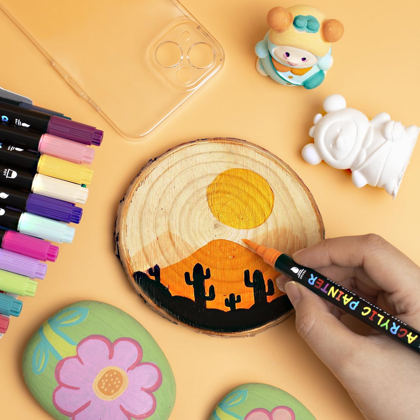 18 Colors Acrylic Paint Pens Markers, Dual Tip Markers With Medium Tip and Brush Tip for Rock Painting, Wood, Ceramic, Fabric, Canvas, Easter Eggs, Pumpkin Kit, DIY Crafts